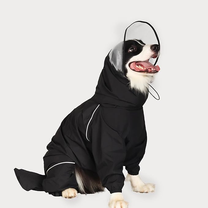 Dog Raincoat for Medium Large Dogs,rain Jacket Coat, Full Leg Coverage Waterproof Rain Suit with Detachable Hood & Tail, Reflective Strips, Snag-Free Top Zipper (Black for Girl, XXX-Large)
