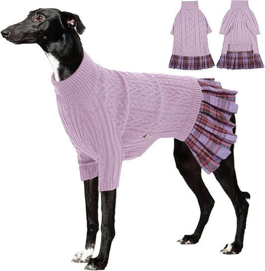 IECOii Girl Dog Sweater Dress - Cable Knit Dog Sweater for Medium Dogs Girl, Purple,Large - Turtleneck Winter Sweaters with Leash Hole, Soft & Stretchy Adorable Dress for Thanksgiving Christmas Photo