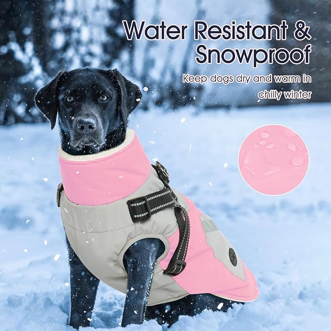 IECOii Dog Winter Coat Waterproof - Pink, Medium - Dog Coat with Harness Built in for Medium Dogs, Thermal Warm Fleece Lined with Zip Up Cold Weather Jacket, Reflective Snowsuit for Outdoor Hiking