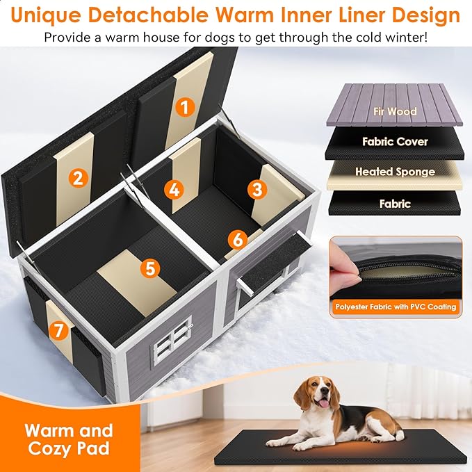 Outdoor Dog House with Insulated Liner, 59" Extra Large Breed Dog Kennel, Keep Warm in Winter Outside, Heated Anti-Chewing Metal Frame Design for Small Medium Large Dogs(Grey)