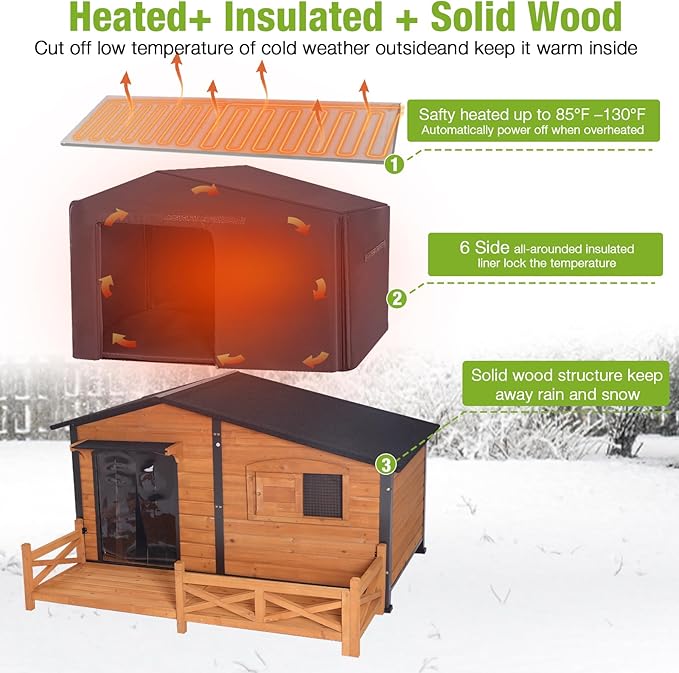 GUTINNEEN Extra Large 60" Heated Dog House Outdoor Insulated Dog Kennel with Safe Heated Pad, Chew-Proof Metal Frame and Insulated Liner for Large Dog Breeds, 60.37" L x 50.36" W x 35.43" H (Brown)