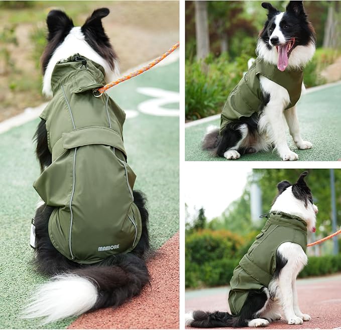 Waterproof Dog Raincoat, Adjustable Lightweight Dog Rain Jacket with Reflective Strip Leash Hole for Small Medium Large Dogs (Green, Large(22-37lb))