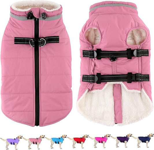 Dogcheer Dog Coat with Harness, Waterproof Dog Jacket Adjustable Winter Coat with Zipper, Christmas Puppy Snow Jacket Fleece Sweater for Small Medium Large Dogs - Light Pink XL