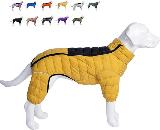 Lovelonglong Warm Jacket - 4 Legs Covered Waterproof Windproof Reflective Vest, Zippered Adjustable Outdoor Snow Jacket for Small Medium Large Dogs, Yellow L