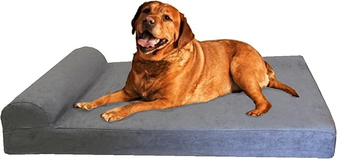 Dogbed4less Premium HeadRest Orthopedic Cool Memory Foam Dog Bed for Extra Large Dogs, Waterproof Lining and Grey Suede Cover, Jumbo 55X47 Inch