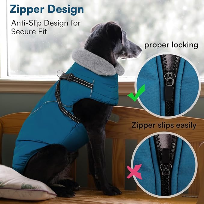 Queenmore Dog Coat,Windproof Dog Coat for Medium Dogs,Dogs Jackets with Harness Built in,Waterproof Doggy Coats with Zipper On Back,Reflective Cold Weather Coats for Dachshund，Boston Terrier,Blue,M