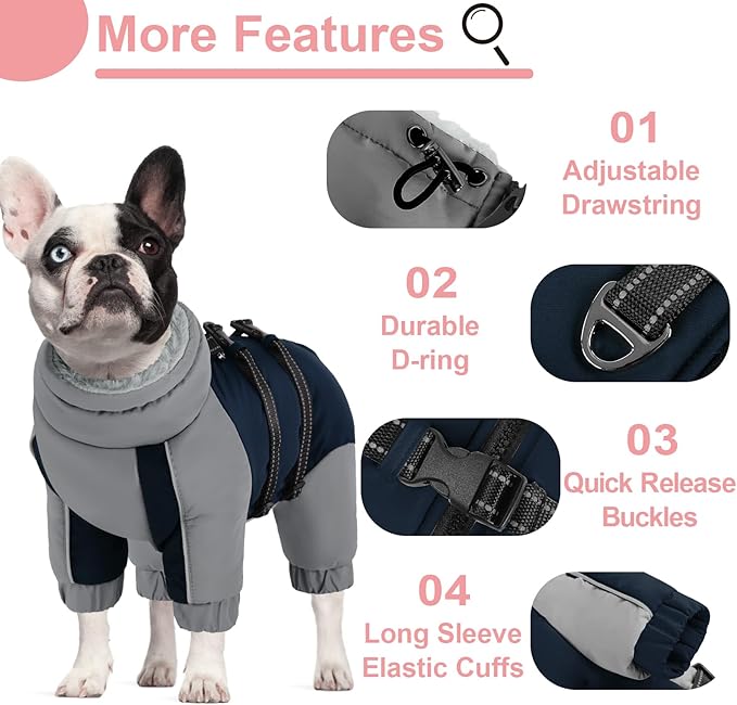 KOESON Four Legged Winter Coat, Warm Small Dog Jacket with Adjustable Buckles, Turtleneck Windproof Dog Fleece Jackets Reflective Fullbody Snowsuit Puffer Coat Blue Grey S
