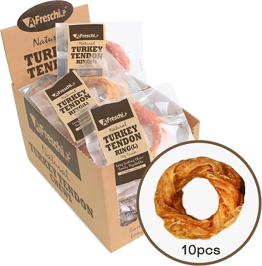 AFreschi Turkey Tendons for Dogs, USA-Sourced, Healthy Dog Treats, Rawhide-Free Puppy Chews, Long Lasting, All Natural, Hypoallergenic Dog Treats for Large Breeds, 10 Count Box Ring (L)
