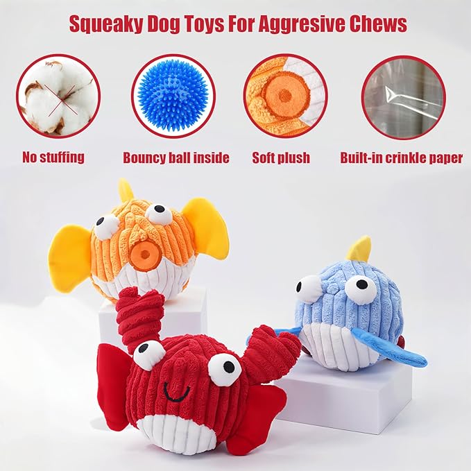 Squeak Dog Toys For Aggressive Chewers, Interactive Dog Toy Ball With Crinkle Paper, No Stuffing, Perfect For Medium Dogs, Large & Small Breeds (C-Yellow Fish)