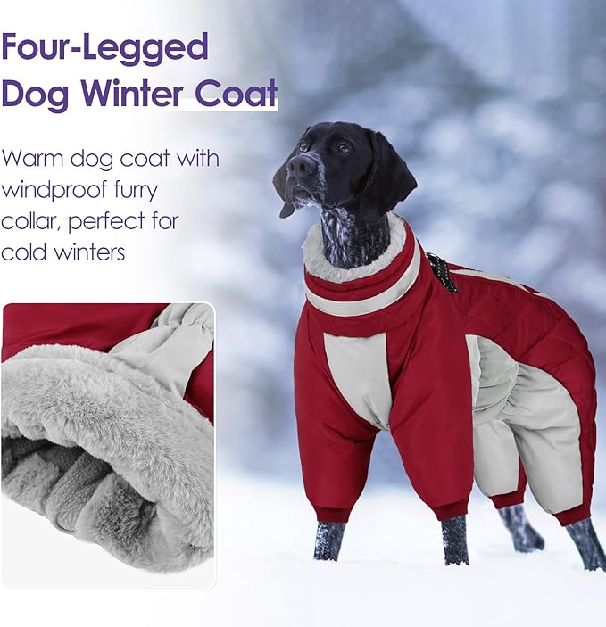 SUNFURA Full Body Dog Coat - Warm Fleece Jacket for Small Dogs, Turtleneck Winter Coats with Harness, Reflective Dog Snowsuit Windproof Puffer Jackets with Legs for Pug, Jack Russel, Burgundy S