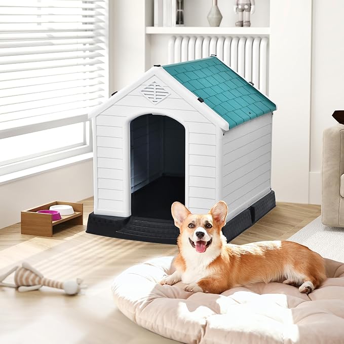 DWVO Plastic Dog House, Weatherproof Outdoor/Indoor Doghouse, Puppy Kennel with Air Vents and Elevated Floor
