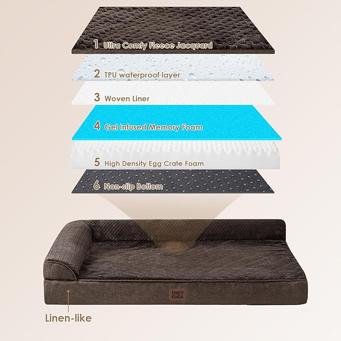 EHEYCIGA Memory Foam Dog Bed Large Sized Dogs, Waterproof Dog Bed Orthopedic with Washable Removable Cover, Non-Slip Pet Bed Couch, 36x27x6 Inches, Brown