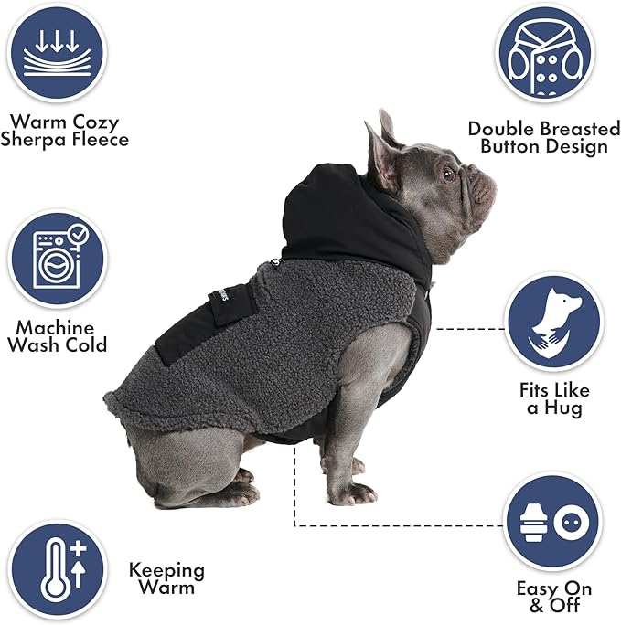 Spark Paws Reversible Dog Sweater, Sherpa Vest with Warm Fleece Lining, Warm Coat for Winter, Suitable for Small Medium, Large, XL XXL Dogs - Black and Grey - M