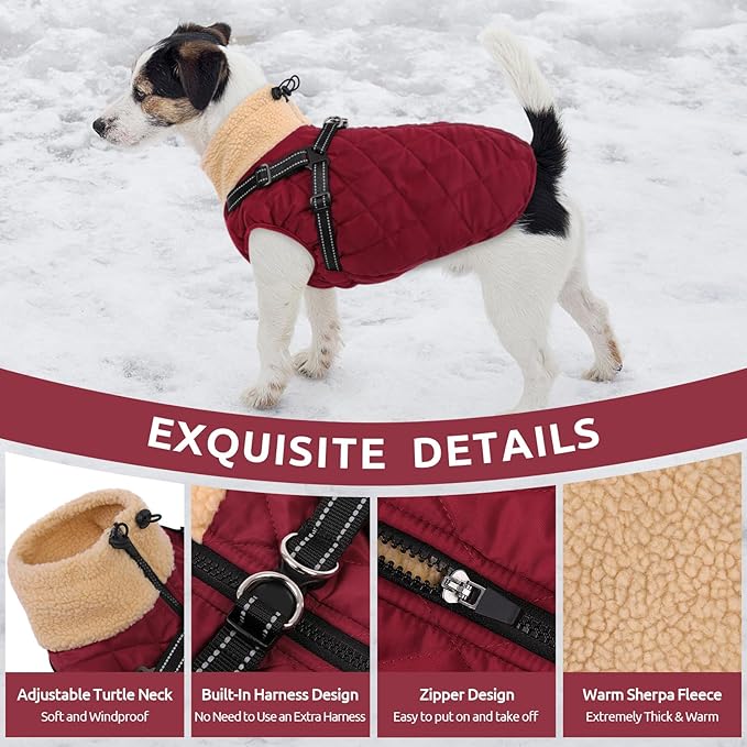 Queenmore Dog Coats for Large Dogs, Dog Jacket, Warm Fleece Winter DogCoat with Harness Built in, Back Zipper Pet Jacket for Large Breeds, Thick Fleece Lining Pet Snowsuit, Burgundy 2XL