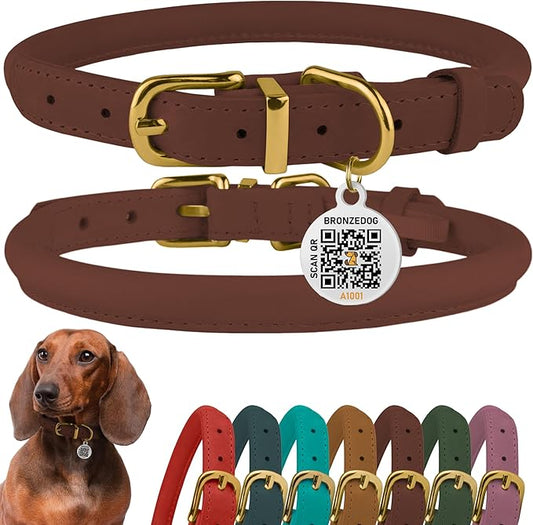 BronzeDog Rolled Leather Dog Collar with QR ID Tag, Adjustable Soft Round Collars for Small Medium Large Dogs Puppy (19" - 21" Neck Size, Cognac Brown)