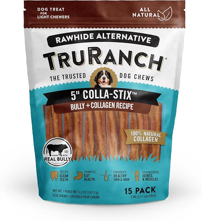 TRURANCH Collagen Sticks - 5" Collagen Sticks for Dogs - Long Lasting Healthy Joint Support Dog Treat - Rawhide Alternative - Skin & Coat Health - Made with Real Bully, 1 Bag, 15 Count