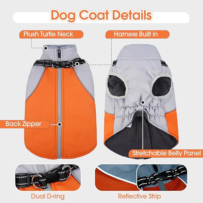 DENTRUN Dog Coat with Harness Built in, Outdoor Reflective Dog Jacket, Windproof Water-Repellent No Sleeves Coat for Large Golden Retriever, Orange, XL