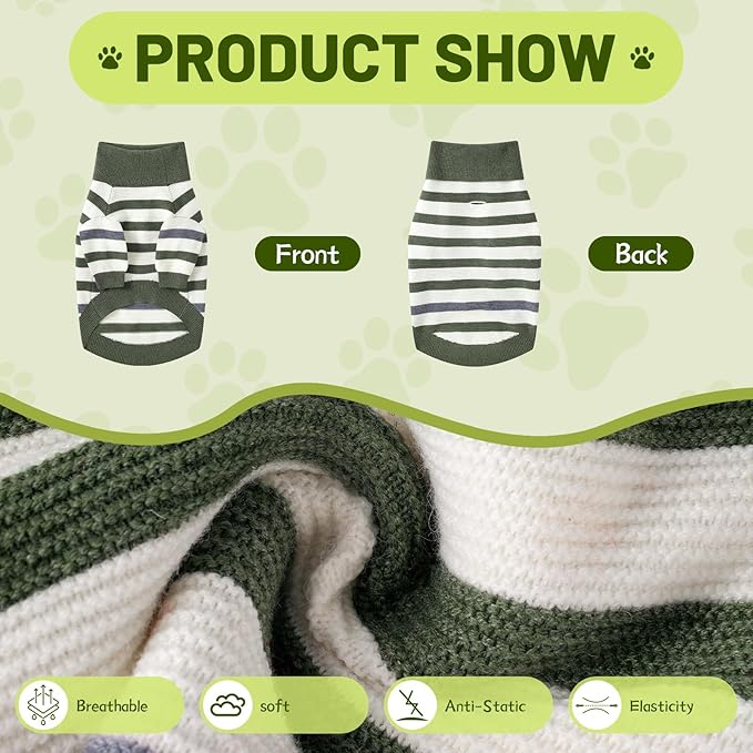 Small Dog Sweater, Knitted Striped Pullover Dog Clothes for Cold Weather, Thick Warm Cozy Stretchy Sweater for Chihuahua, Bulldog, Dachshund, Pug(Green & White Strip, L)