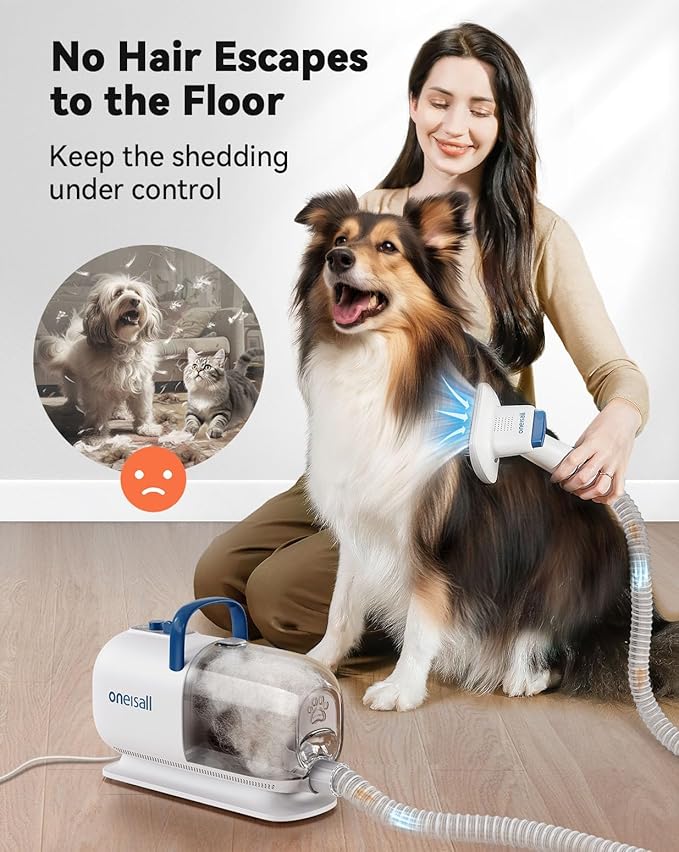 oneisall Dog Vacuum & Dryer for Shedding Grooming, 8 in 1 Dog Grooming Kit with Metal Blade Pet Clippers, Adjustable Speed and Temperature Control Blower