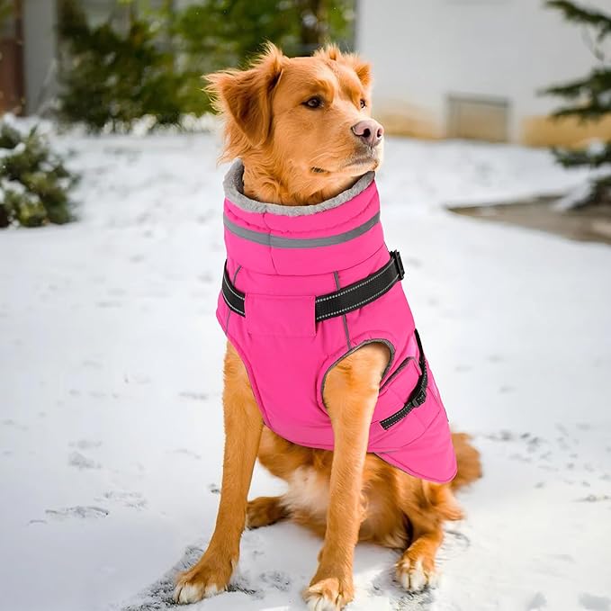 PETDSH Dog Coat Large, Built-in Harness Dog Jacket with Warm Fleece Lining, Waterproof Reflective Dogs Winter Coat, Pet Coats with Pocket and Trash Bags (Pink, XXX-Large)