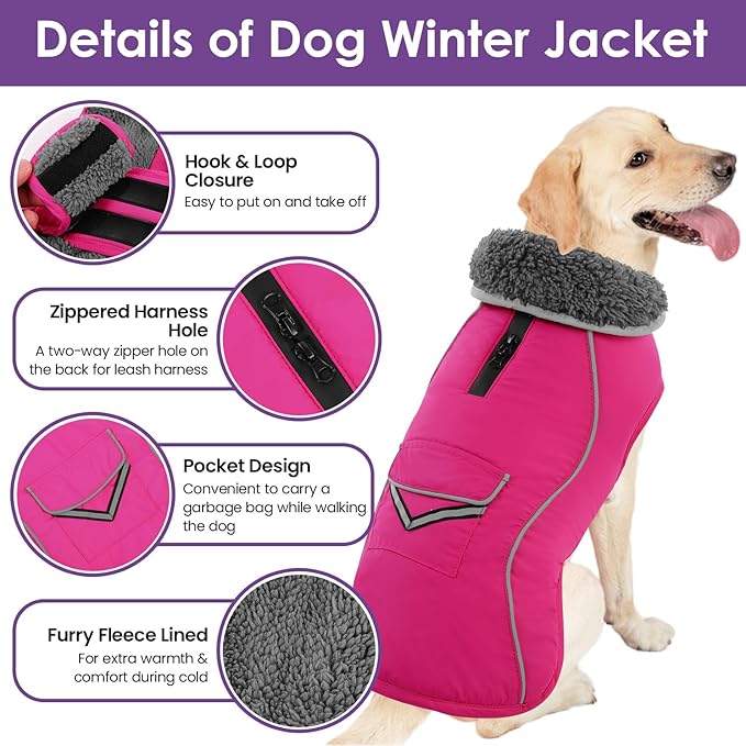 SUNFURA Large Dog Coat, Warm Dog Winter Coat Jacket with Thick Furry Collar, Adjustable Pet Fleece Jacket Turtleneck Snowsuit for Large Dogs for Chilly Day, Hot Pink XL