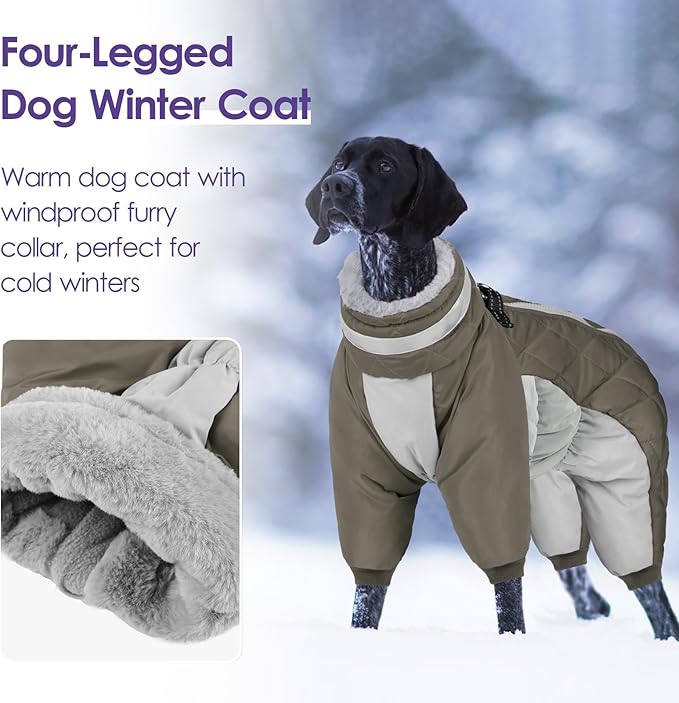 SUNFURA Full Body Dog Coat - Warm Fleece Jacket for Large Dogs, Turtleneck Winter Coats with Harness, Reflective Dog Snowsuit Windproof Puffer Jackets with Legs for French Bulldog, Army Green L