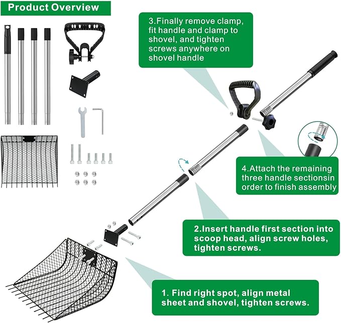 11.61" Chicken Poop Scooper & Rake, Otunrues Pooper Scoopers, 25" to 67" Large Metal Stainless Steel Chicken Litter Scoop with Handle for Farm Pet Waste Cleaning Sifting Litter Shovel