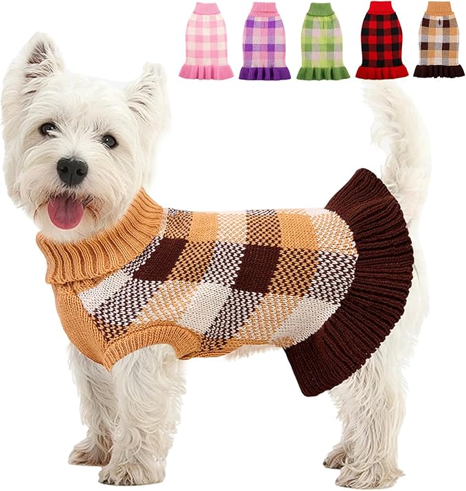 Dog Sweater Dress Plaid Knitwear for Small Medium Dogs Warm Puppy Pet Turtleneck Stretch Pullover Cute Fall Winter Vest Clothes with Leash Hole for Christmas (Coffee, M)