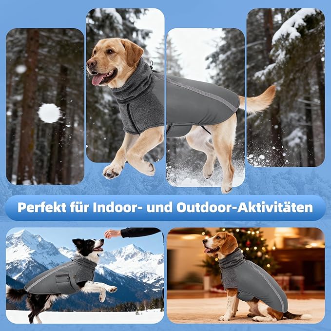 SlowTon Winter Dog Coat, Warm Polar Fleece Lining Doggie Outdoor Jacket with Turtleneck Scarf Reflective Stripe Adjustable Waterproof Windproof Puppy Vest Soft Pet Outfits (M+,Grey)