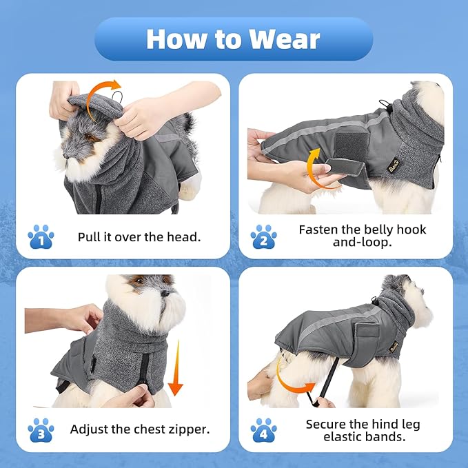 SlowTon Winter Dog Coat, Warm Polar Fleece Lining Doggie Outdoor Jacket with Turtleneck Scarf Reflective Stripe Adjustable Waterproof Windproof Puppy Vest Soft Pet Outfits (M+,Grey)