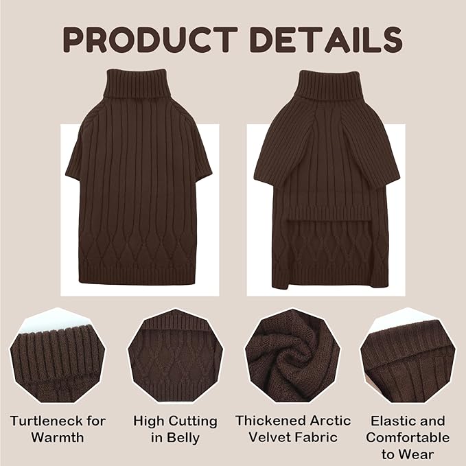 Dog Sweater for Medium Dogs, Warm Winter Fall Dog Sweaters for Dog Girls Boys, Turtleneck Dog Knitwear, Doggie Christmas Sweater, Pet Sweatshirt Clothes Knit French Bulldog, Beagle (Brown M)