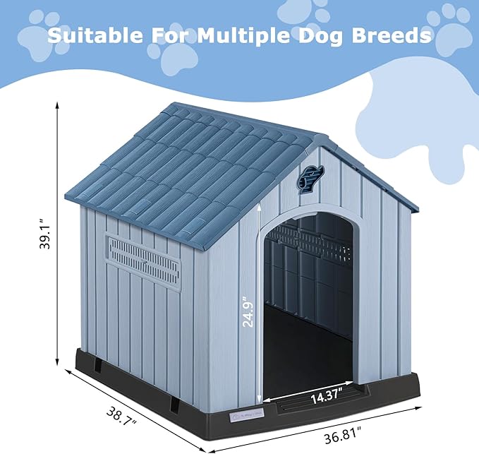 PUKAMI Large Dog House Outdoor Indoor, Plastic Dog House Weatherproof for Large Dogs, Study Puppy Shelter with Air Vents and Elevated Floor, Easy Clean and Assemble (Blue, 36.81"D x 38.7"W x 39.1"H)