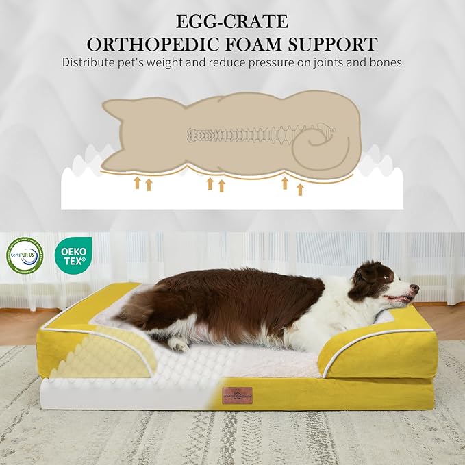 Comfort Expression Orthopedic Dog Bed for Small Dogs 20x14 Inch, Waterproof Egg Crate Foam Small Pet Bed with Removable Bolsters, Dog Couch with Washable Cover & Non-Slip Bottom, Spicy Mustard