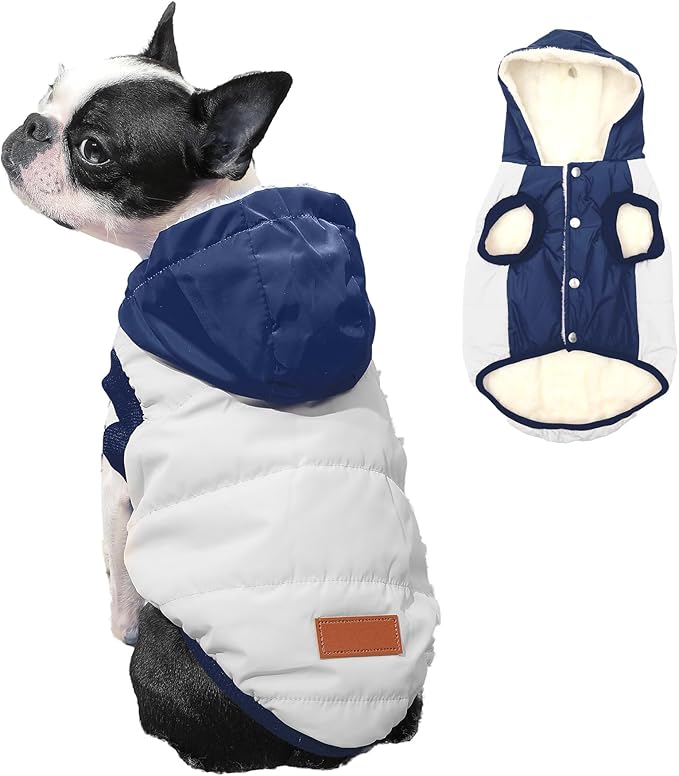 Fleece Lining Extra Warm Dog Hoodie in Winter for Small Dogs Jacket Puppy Coats with Hooded,Beige and Blue M