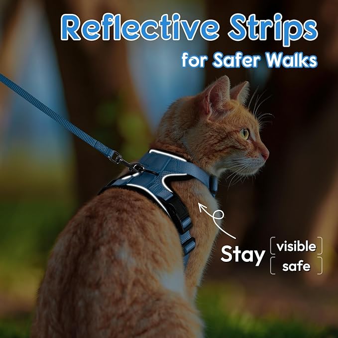 Dooradar Cat Harness and Leash Set, Escape Proof Safe Adjustable Kitten Vest Harnesses for Walking, Easy Control Soft Breathable Mesh Jacket with Reflective Strips for Cats,Light Blue, XS