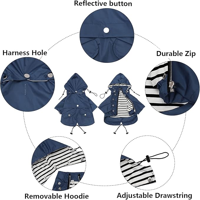 Morezi Dog Zip Up Raincoat with Reflective Buttons, Rain/Water Resistant, Adjustable Drawstring, Removable Hood, Raincoats with Legs 8lbs to 80lbs Available - Dark Blue - XS