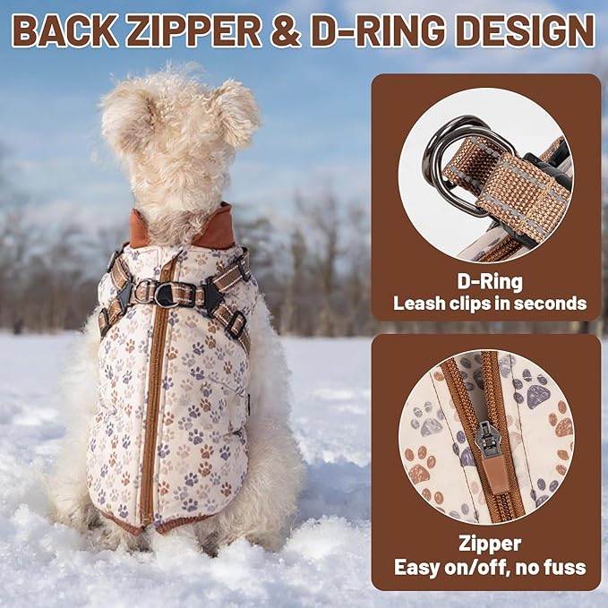 Dog Winter Coat for Small & Medium Dogs (Up to 32lb), Waterproof Dog Coat with Harness, Puppies Windproof Puppy Puffer Jacket, Snowsuit for Dachshund,Frenchie, Corgi (Paw Brown, Medium)