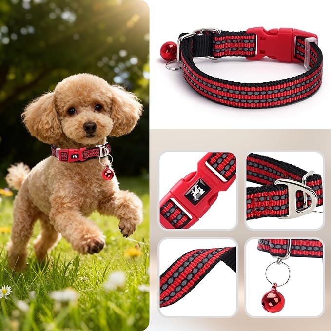 Adjustable Puppy Collar with Bell - Reflective Nylon Dog Collar for Small Breeds, Chihuahua Pomeranian, Nighttime Safety, Gift for Dog Lovers (Red, XS)