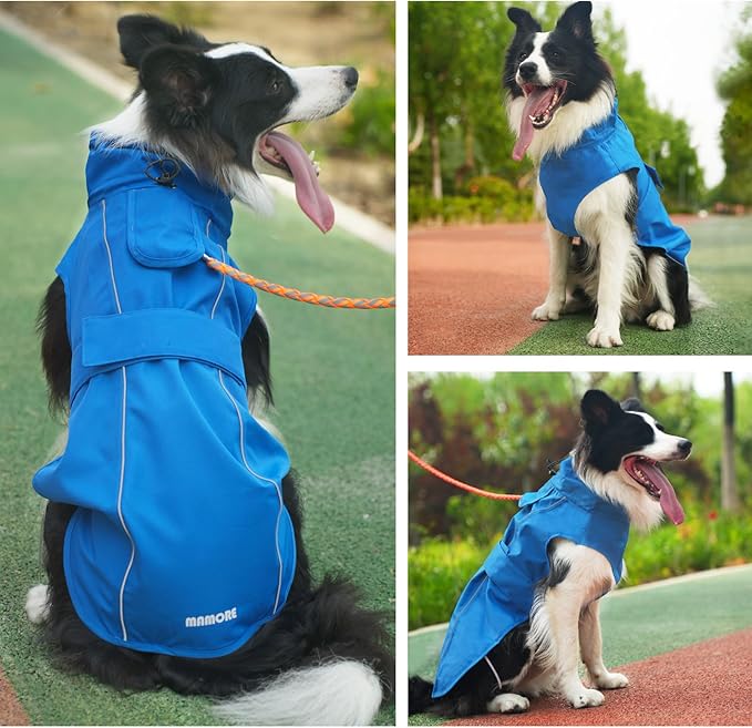 Waterproof Dog Raincoat, Adjustable Lightweight Dog Rain Jacket with Reflective Strip Leash Hole for Small Medium Large Dogs (Blue, Medium(13-22lb))