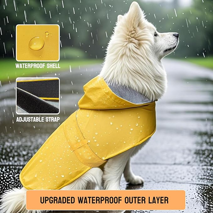 Dog Raincoat Dog Rain Jacket Poncho Waterproof Pet Rain Suit Double Layer Breathable Lining Hooded Leash Hole Adjustable Puppy Small Medium Dogs,Yellow,XXL