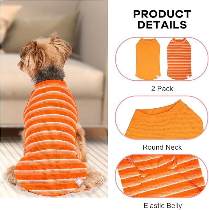 KYEESE 2Pack Waffle Dog Shirts for Small Dogs Stretchy T-Shirts Lightweight Tank Top Sleeveless Striped Shirt Vest Breathable Cat Shirt, Small, Orange+Striped