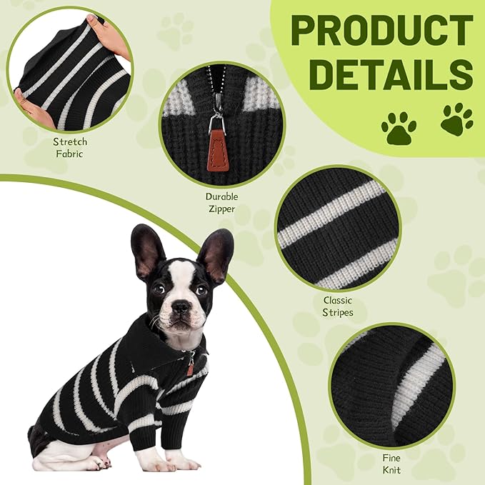 Small Dog Sweater with Zipper, Knitted Striped Pullover Dog Clothes for Cold Weather, Thick Warm Cozy Stretchy Sweater for Chihuahua, Bulldog, Dachshund, Pug(Black & White Strip, S)