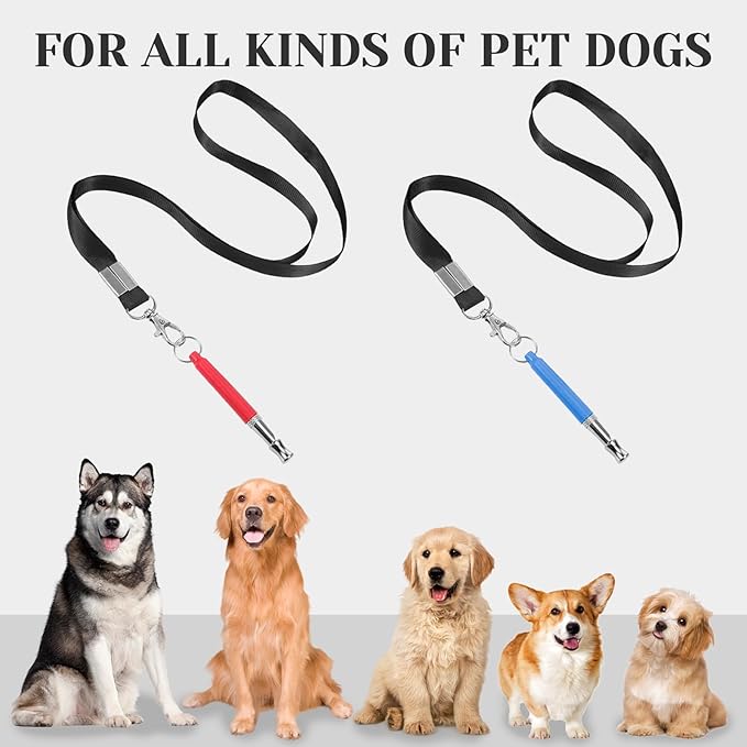 2 Pack Dog Whistle to Stop Barking Neighbors Dog, Professional Adjustable Ultrasonic Silent Dog Whistle for Dog Training Whistle for Recall or Scare Dogs Away with Lanyard (Blue & Red)