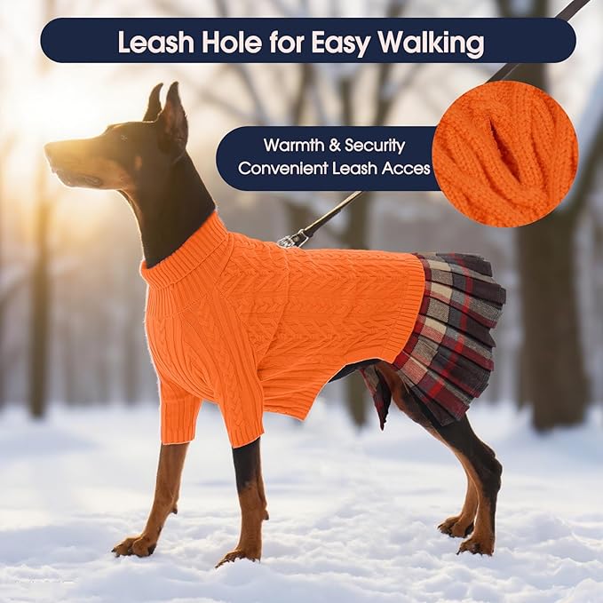 IECOii Girl XXL Dog Sweater Dress, Cozy Cable Knit Dog Sweater for Large Dogs Girl, Orange, XXLarge, 2XL Pet Pullover Knitted Dress for Winter, Turleneck with Sleeve, Warm Sweaters for Female Pitbull