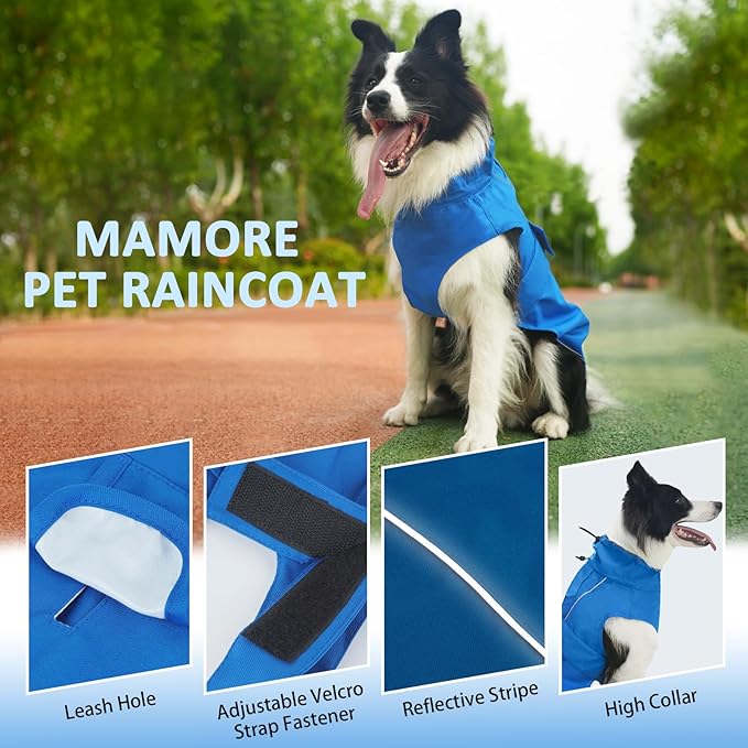 Waterproof Dog Raincoat, Adjustable Lightweight Dog Rain Jacket with Reflective Strip Leash Hole for Small Medium Large Dogs (Blue, Large(22-37lb))