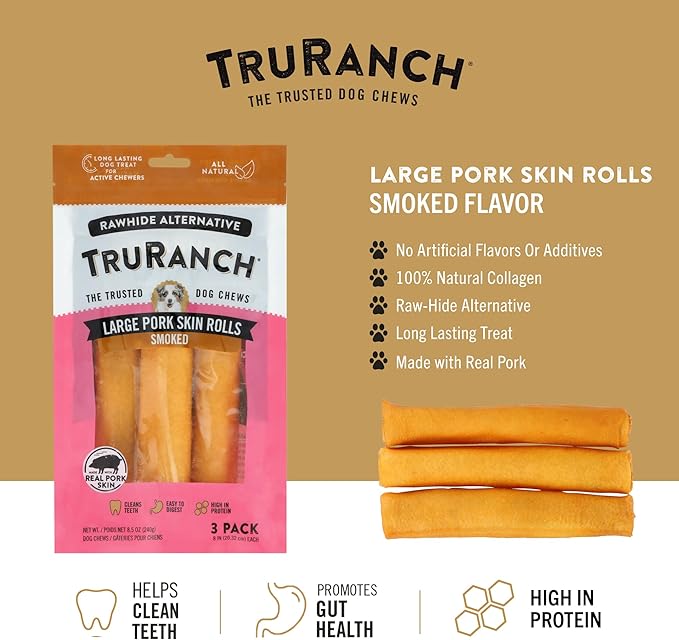 TRURANCH Large Pork Skin Rolls - Smoked Collagen Rolls - Collagen Chews for Dogs - Real Pork Skin - Rawhide Alternative - Easy to Digest Treat, 1 Bag, 3 Count