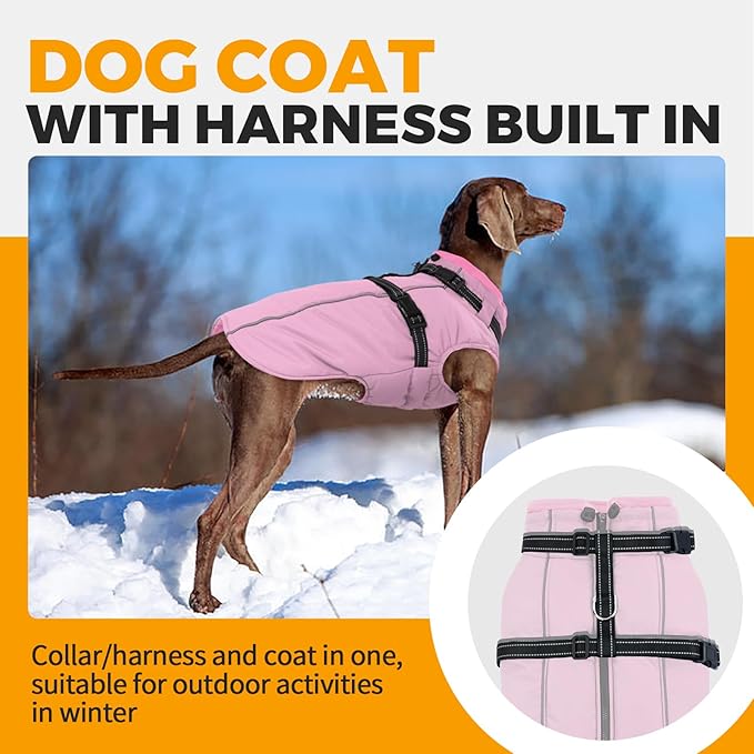 Lelepet Warm Dog Winter Coat Waterproof Dog Jacket with Harness Built in, Reflective Windproof Fleece Jacket, Dogs Coats for Medium Dogs, Thermal Turtleneck Pet Snowsuit for Outdoor, Schnauzer, Pink M