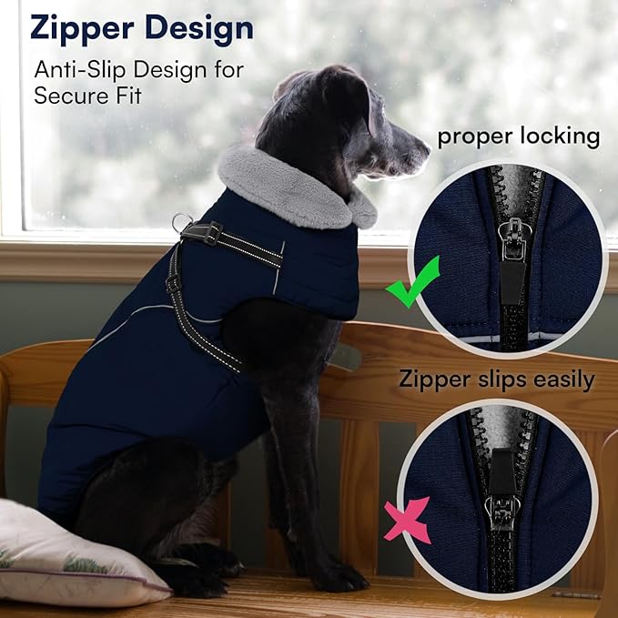 Queenmore Small Dog Coat,Dog Coat for Small Dogs,Reflective Windproof Dogs Jackets with Built-in Harness,Doggy Winter Jacket with Zipper On Back,Warm Pet Coats with Fleece Lining,NavyBlue,S