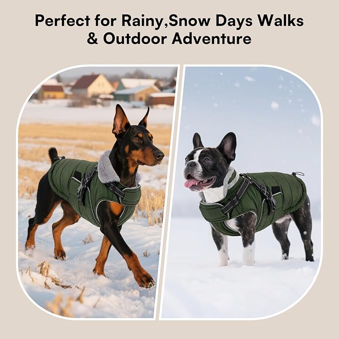 Queenmore Winter Dog Jackets for Medium Dogs with Harness Built-in, Waterproof Puffer Jacket for Snow/Cold Weather, Pet Warm Coat for Doggie Boy/Girl - Fleece Lining Reflective Easy-on, Green M