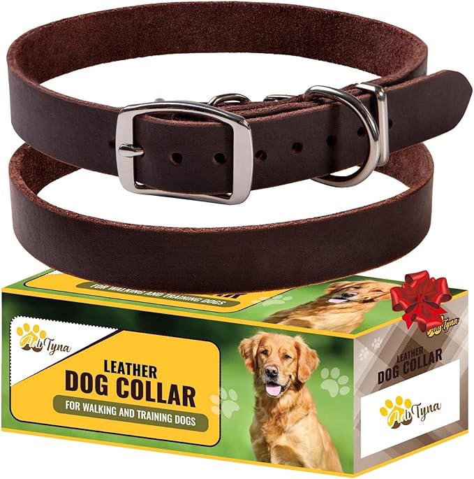 ADITYNA - Leather Dog Collar for Medium Dogs - Classic Style, Soft and Strong, Heavy Duty, Top-Grain Leather, Handmade - for Walking, Training, Hiking, and Running (M - Neck: 15-20 inches, Brown)